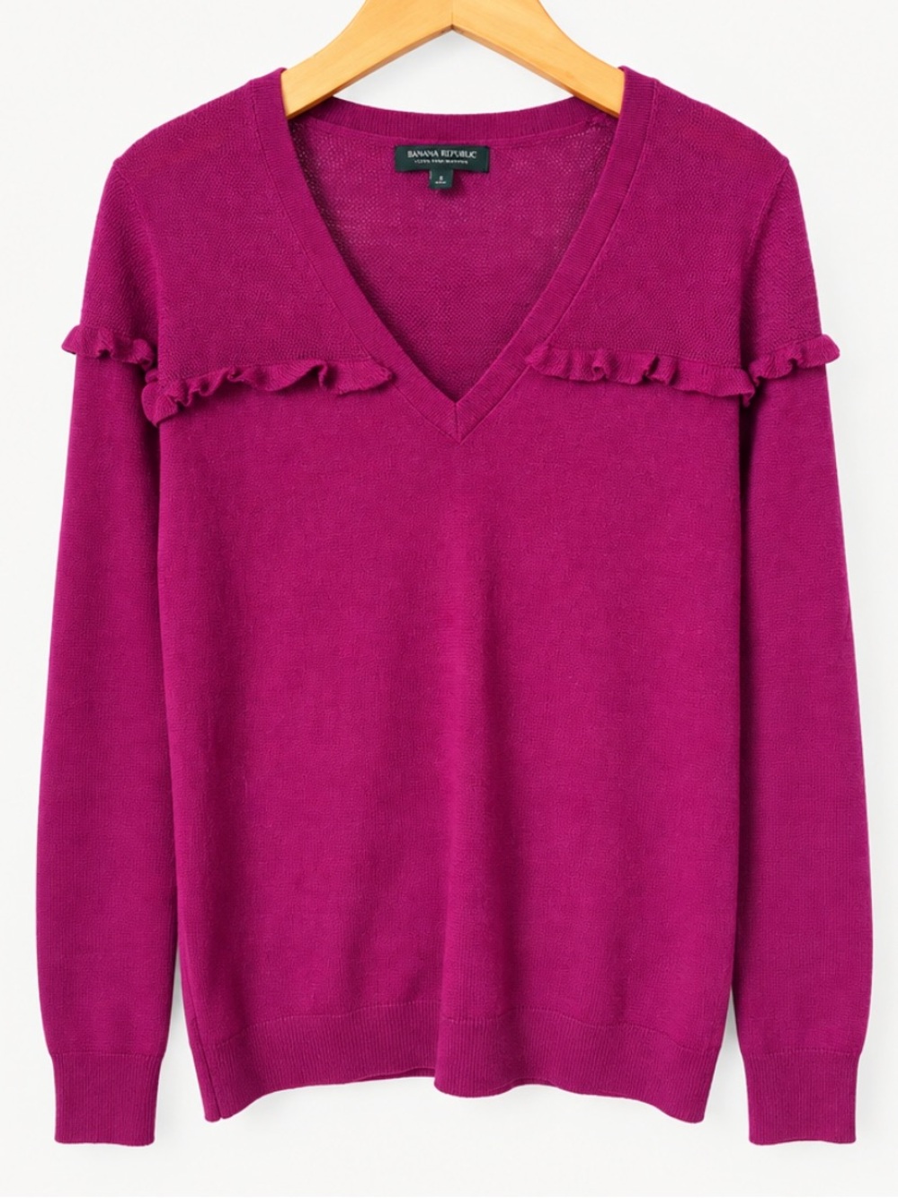 Banana Republic Fuchsia Ruffle V-Neck Sweater 100% Merino Wool